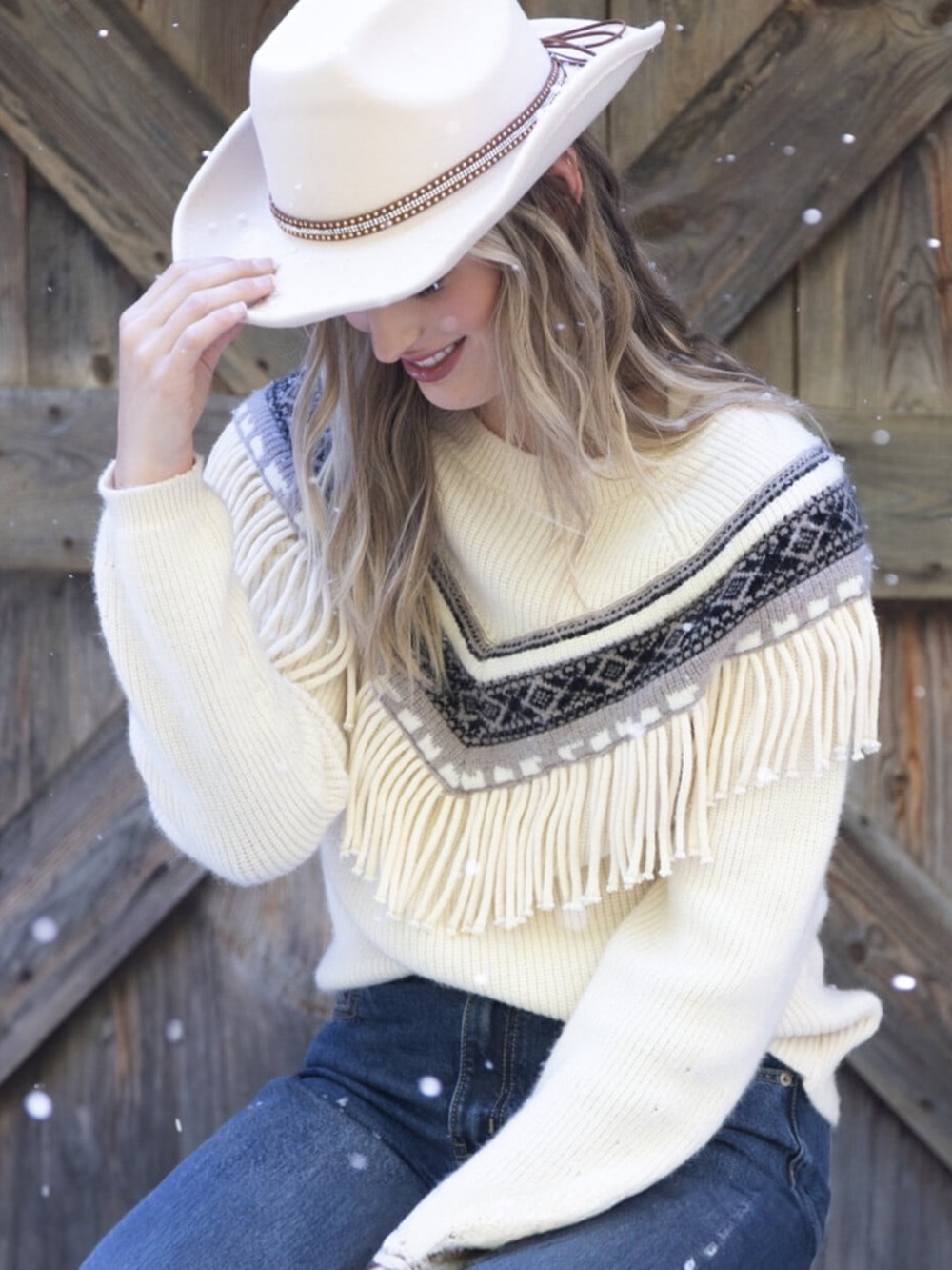 NWT Warehouse One Size L Women's Geometric Fringe Sweater Western Cowgirl Cream